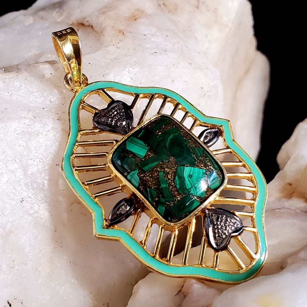 Sterling Silver 925/18kt Gold Genuine Malachite/Diamond Gemstone